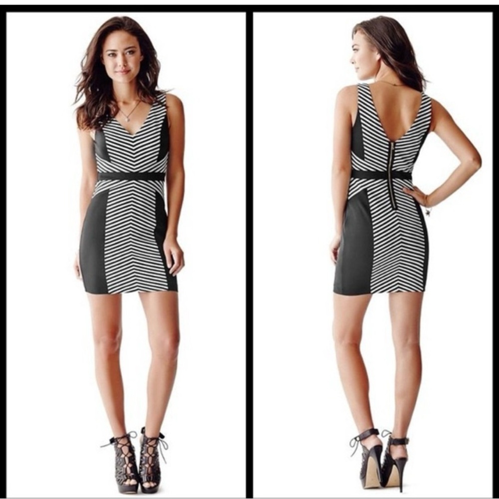 Guess black & white striped bodycon dress with exposed gold back zipper size 4